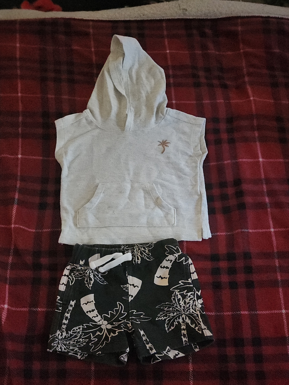 Kids Palm-Gray Sleeveless Hooded Shirt And Print Black Shorts